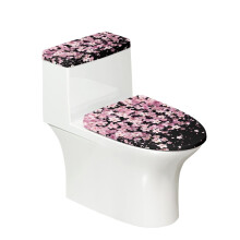 Ensemble élégant de couvre-abattants de toilettes avec bord élastique, pour hôtels et maisons, motif fleurs de cerisier roses sur fond noir.