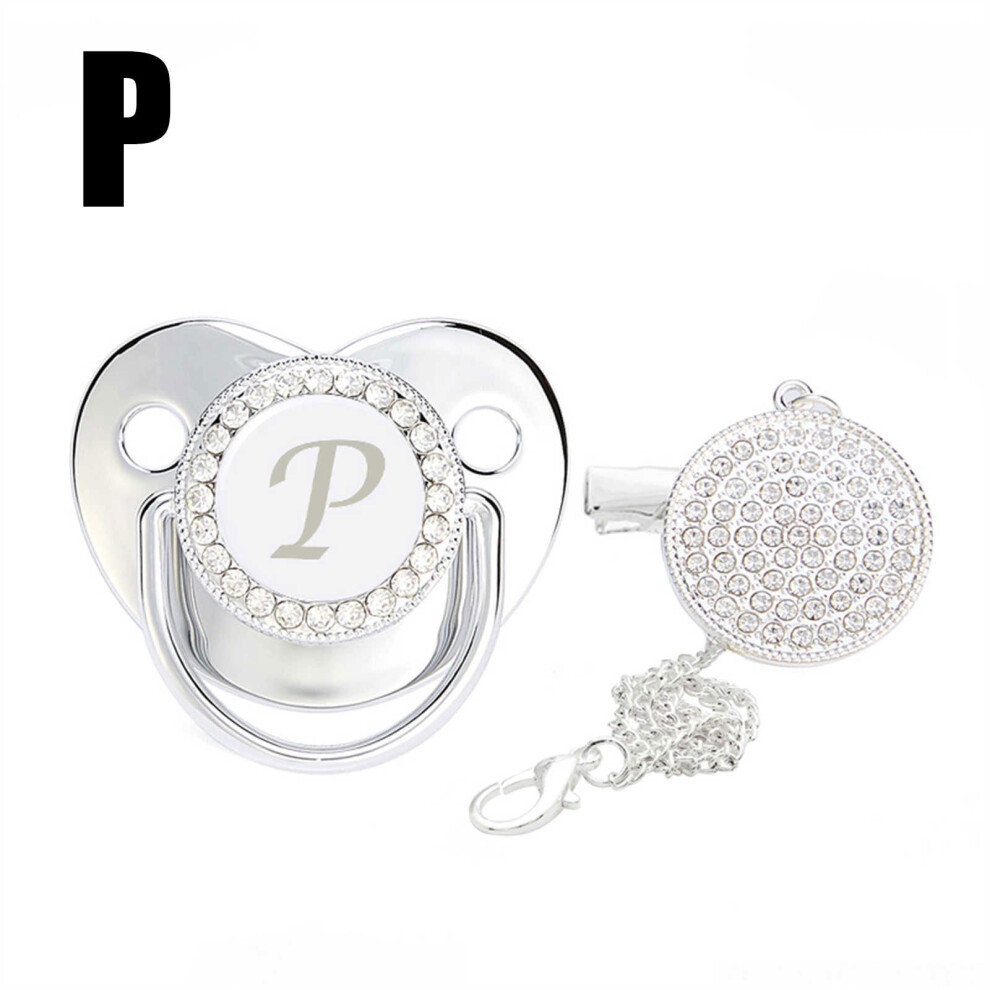 Nrmvnmi Baby Pacifier And Clips With Rhinestones Bling 26 Letters Initials Personalized Baby Infant Newborn Pacifier Silver