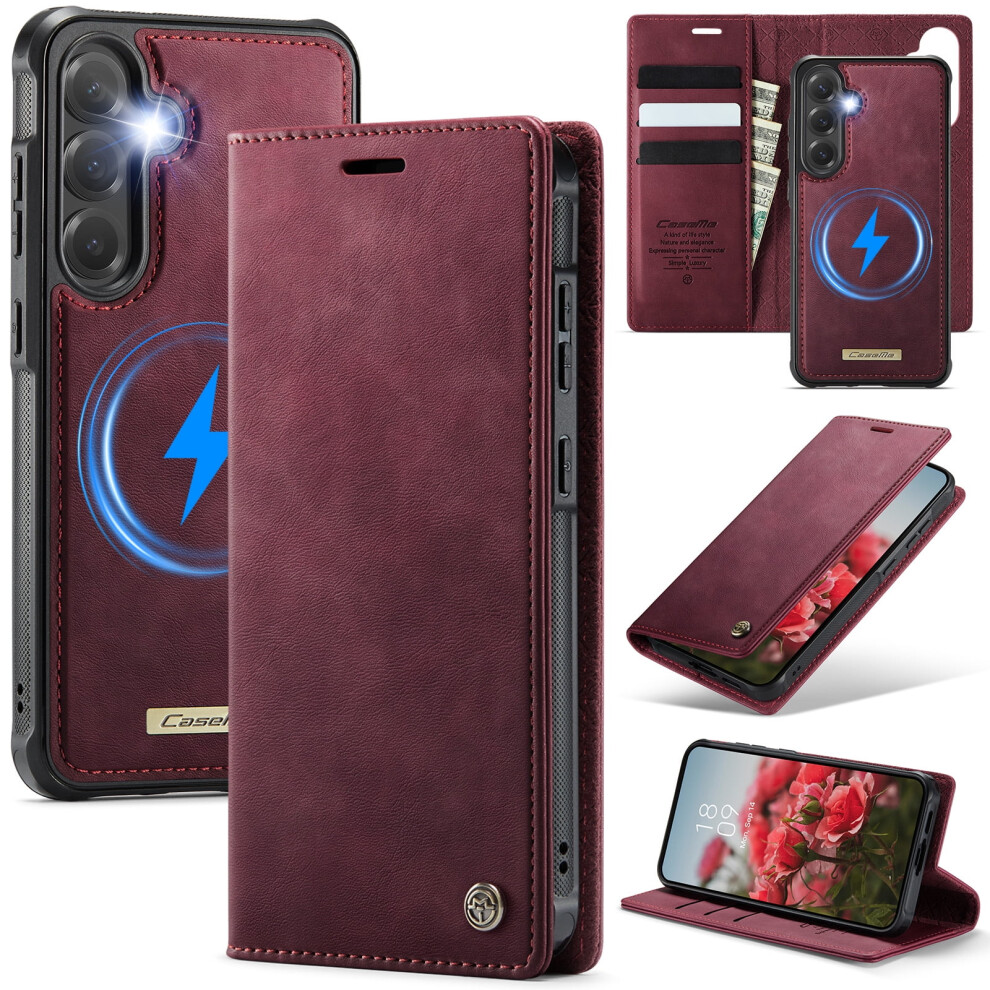 Caseme Wallet Case For Samsung Galaxy S24, Magsafe-Compatible, Rfid-Blocking, Flip Stand, Shockproof, Magnetic Detachable, Wine Red 9327961760004
