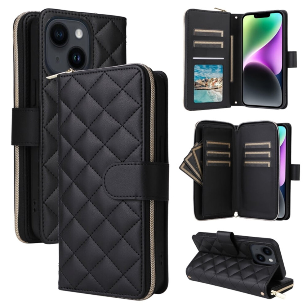 Magnetic Flip Wallet Case For Iphone 14/13: 9-Card Slots, Zipper Pocket, Detachable Shoulder & Wrist Straps, Black 9327961761353