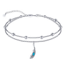 Chic & Artsy 925 Sterling Silver Adjustable Anklet for Women – Hypoallergenic, Layered Foot Chain with Created Turquoise Feather