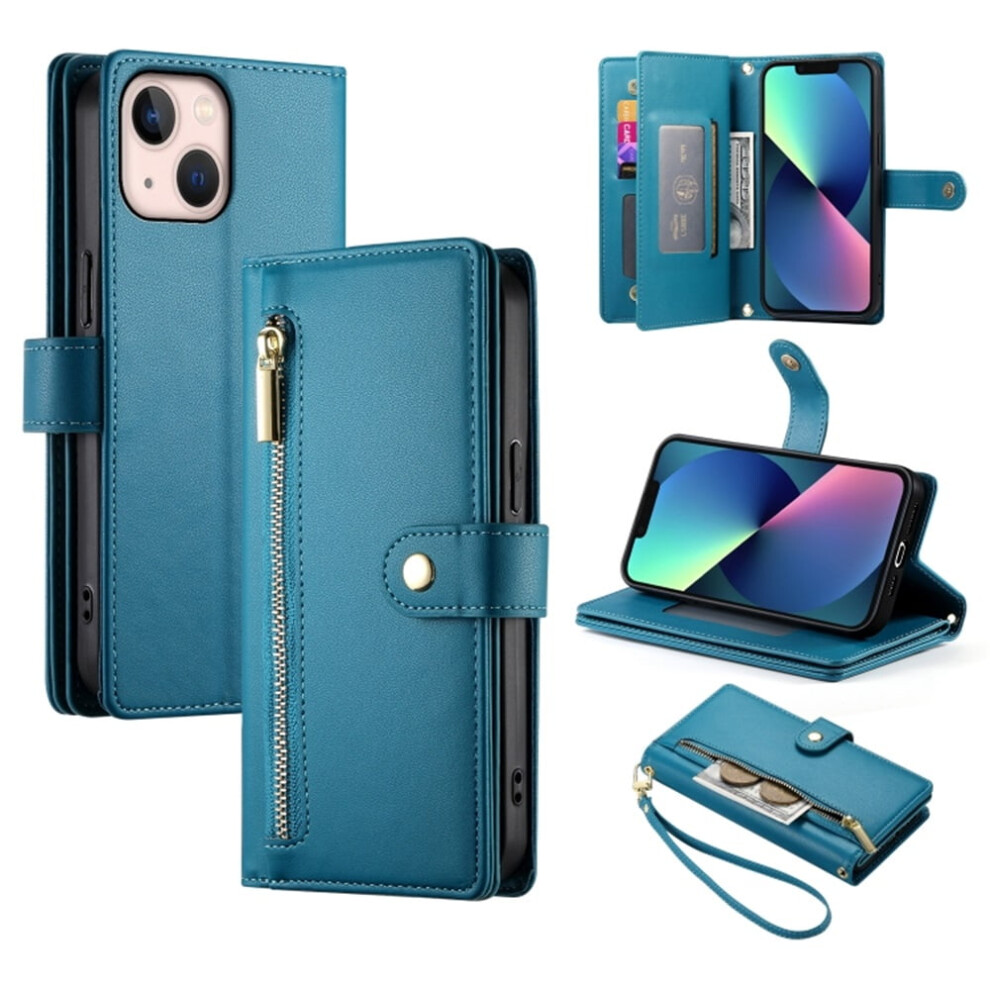 Leather Wallet Case For Iphone 13 Mini (5.4") Â Multi-Card Slots, Zipper Pocket, Lanyard Strap, Wristlet Â Compatible With Iphone 13 Mini Blue 9327961761599