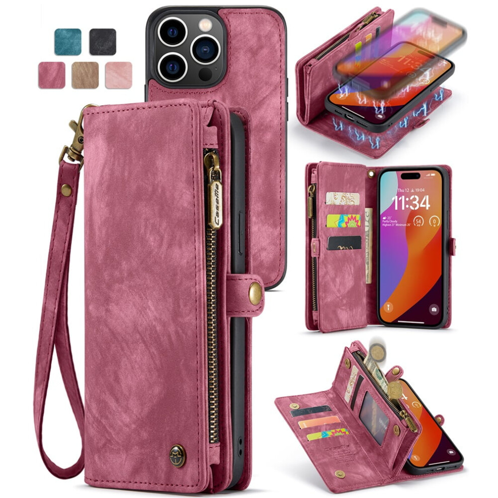 Caseme Leather Wallet Case For Iphone 15 Pro Maxâ2-In-1 Detachable, 8-Card Holder, Zipper Bills Slot, Magnetic & Shockproof, Red 9327961763784