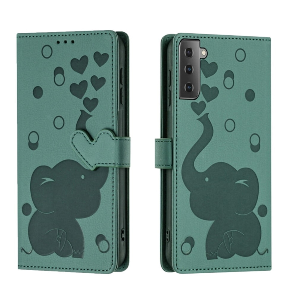 Pu Leather Flip Wallet Case For Samsung Galaxy S22+ 5G (6.6") Â Elephant Embossed, Magnetic Closure, Card Slots, Hand Strap, Compatible With Green 9353595672185
