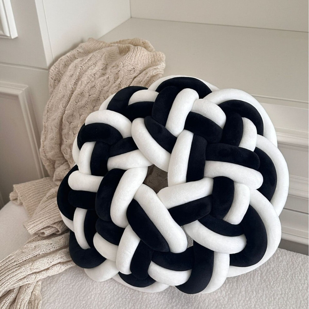 1 Pcs Round Knot Pillows Chunky Knitted Throw Pillows 13.8 Inch Woven Round Pad Decorative for Home Bed Couch Sofa Decoration，Black And White