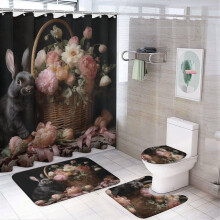 4-Pc Rabbit & Flower Shower Set with Non-Slip Rug, Toilet Lid Cover & Bath Mat – Easter Bathroom Decor, Compatible with Standard Showers
