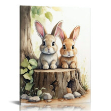 Charming Easter Bunny Canvas Art – Pine Wood Frame, Bohemian Decor for Bedroom, Living Room, Office, Bathroom – Ready to Hang Gift