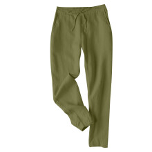 Dames casual slim fit losse katoen-linnen broek met trekkoord bij de enkels en elastische tailleband, negenkwartbroek, olijfgroen