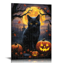 Ealaín Balla Canbháis Seanré Oíche Shamhna Cat Dubh & Pumpkin – Maisiúcháin Uafáis Gotach don Seomra Maireachtála, Ag luí le Cóisir