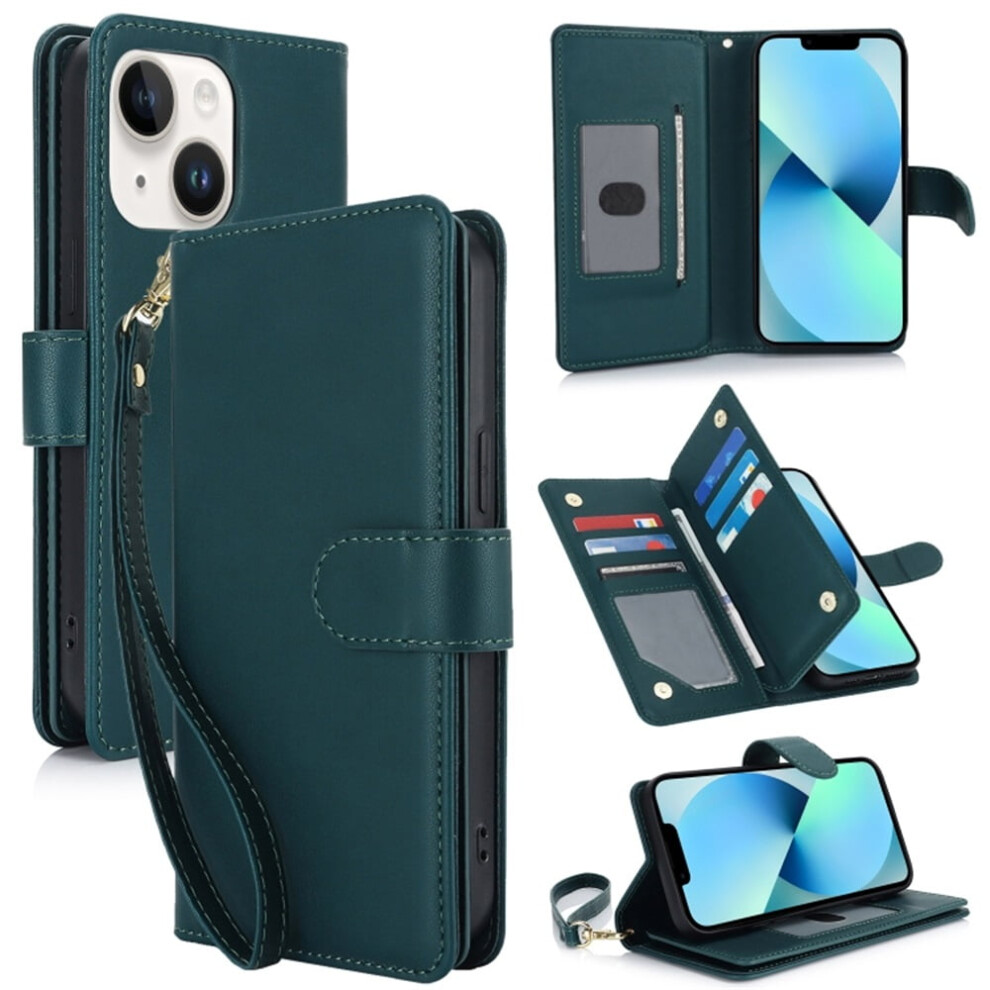 Leather Magnetic Flip Wallet Case For Iphone 13 6.1": Rfid Blocking, Kickstand, Anti-Drop Tpu, Detachable Wrist Strap, Â Compatible With Green 9482726160588