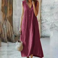 Robe longue sans manches à col V en coton et lin pour femme, collection printemps/été 2026, couleur bordeaux, coupe ample – Taille XL