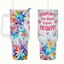Vaso navideño con forma de copo de nieve, con tapa y pajita, vaso invernal colorido.