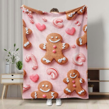 Gingerbread Man Throw Blanket – Soft Pink Flannel Comfort Blanket for Living Room, Bedroom, Compatible with Indoor Decor