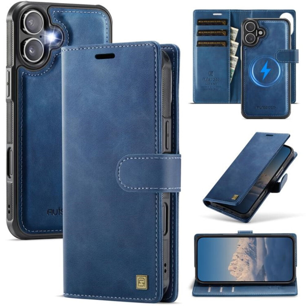 Rfid Blocking Magsafe Purse Case For Iphone 16 Plus 6.7": 3-Card Slots, Kickstand, Flip & Shockproof Cover, Blue 9482726161462