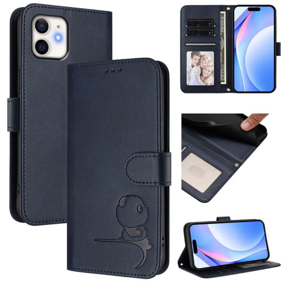 Rfid-Blocking Leather Flip Case For Iphone 12 Mini Â Embossed Panda Design, Magnetic Clasp, Card Slot & Lanyard, Blue 9482726161899