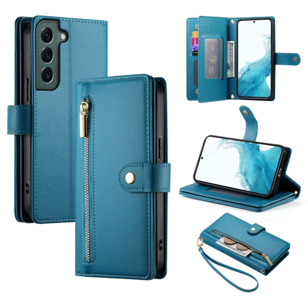 Compatible With Samsung Galaxy S22+ 5G 6.6" Wallet Case Â Leather, Multi-Card Slots, Zipper Pocket, Lanyard & Wristlet Blue 9482726162841