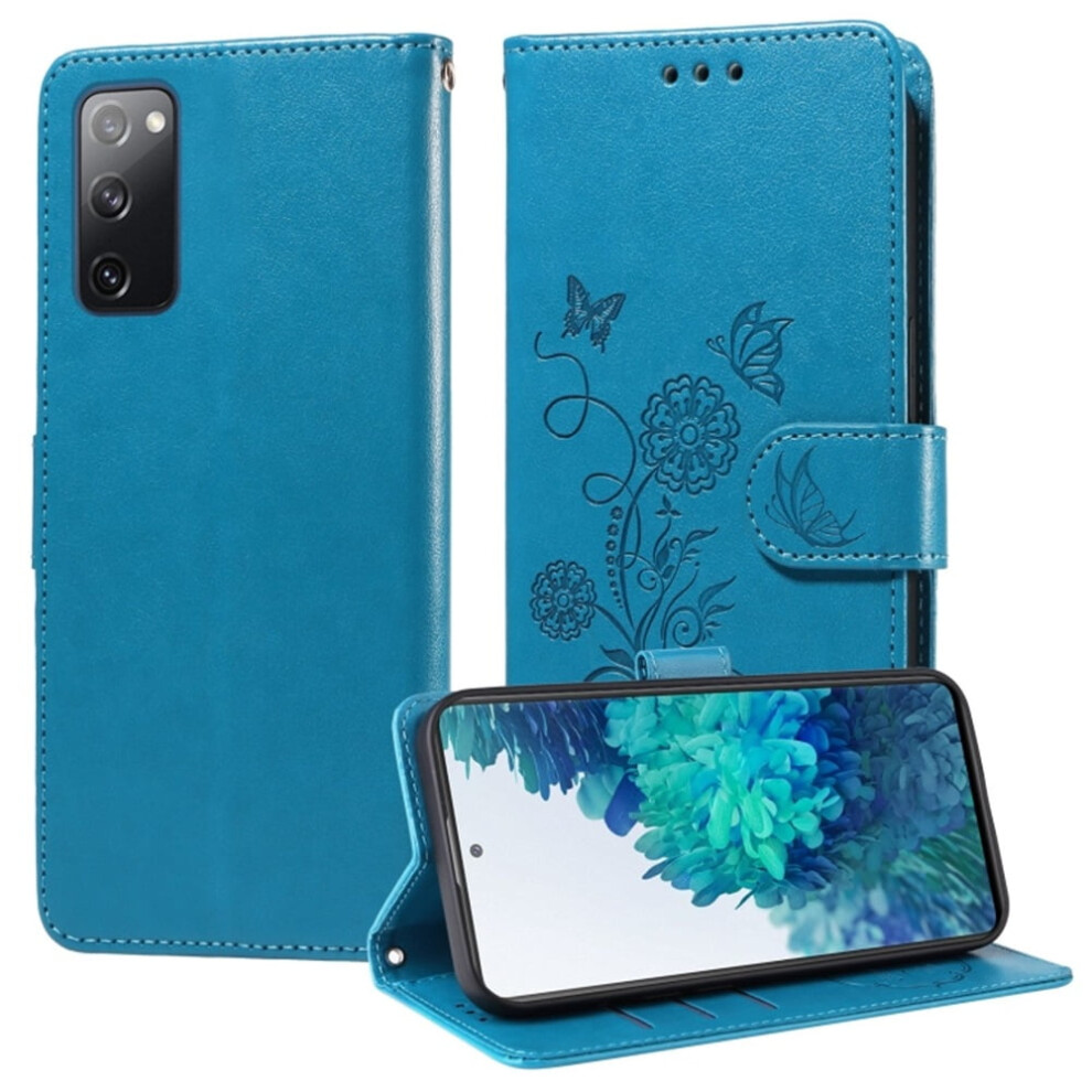 Embossed Butterfly Flower Flip Case For Samsung Galaxy S20 Fe 5G—Shockproof, Kickstand, Card & Cash Slots Blue 9482726162513