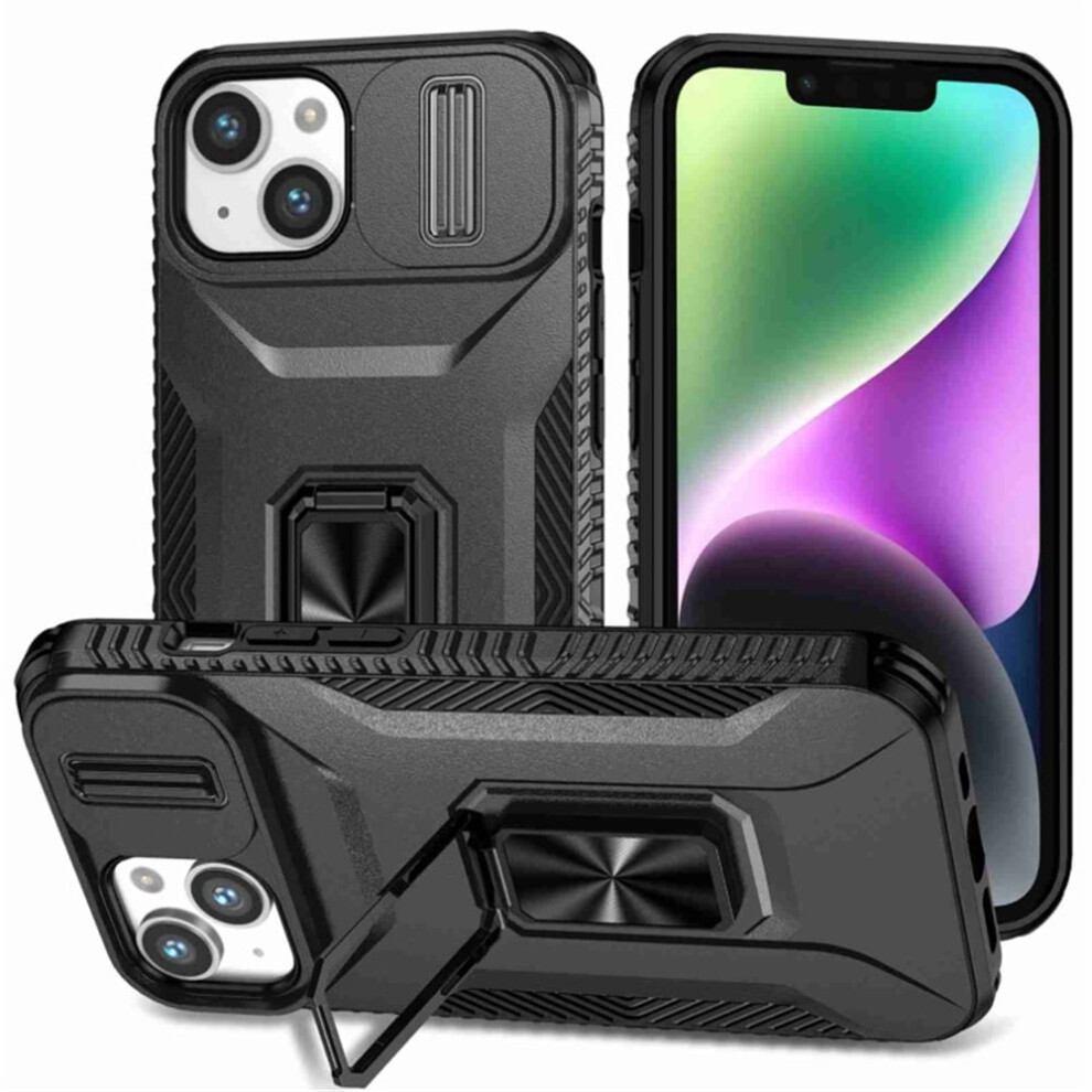 Slim Fit Shockproof Hybrid Case For Iphone 14 (6.1") Â Military-Grade, Slide Camera Cover & Rotated Ring Kickstand, Black 9482726161059