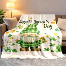St. Patrick's Day Gnome Blanket – Irish Lucky Charm Throw with Golden Coins & Four-Leaf Clover, Soft Flannel, Green & Gold Decor, Compatible with