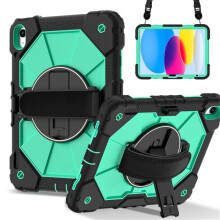 Robuuste schokbestendige hoes compatibel met iPad 2025/2022 – Anti-val siliconen + PC, 360 draaibare handgreep, schouderriem, groen