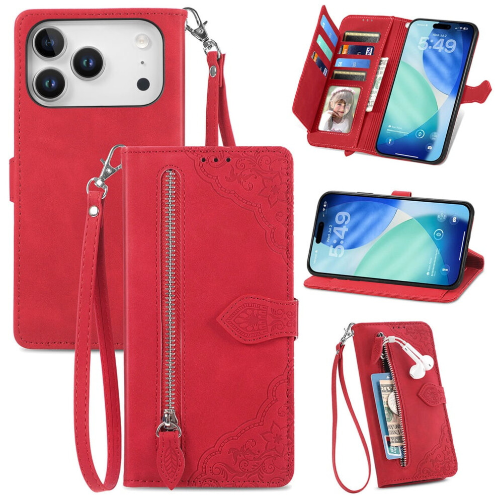 Magnetic Leather Wallet Case For Iphone 17 Pro Max Â Zipper, Kickstand, Wrist Strap 9482726163299