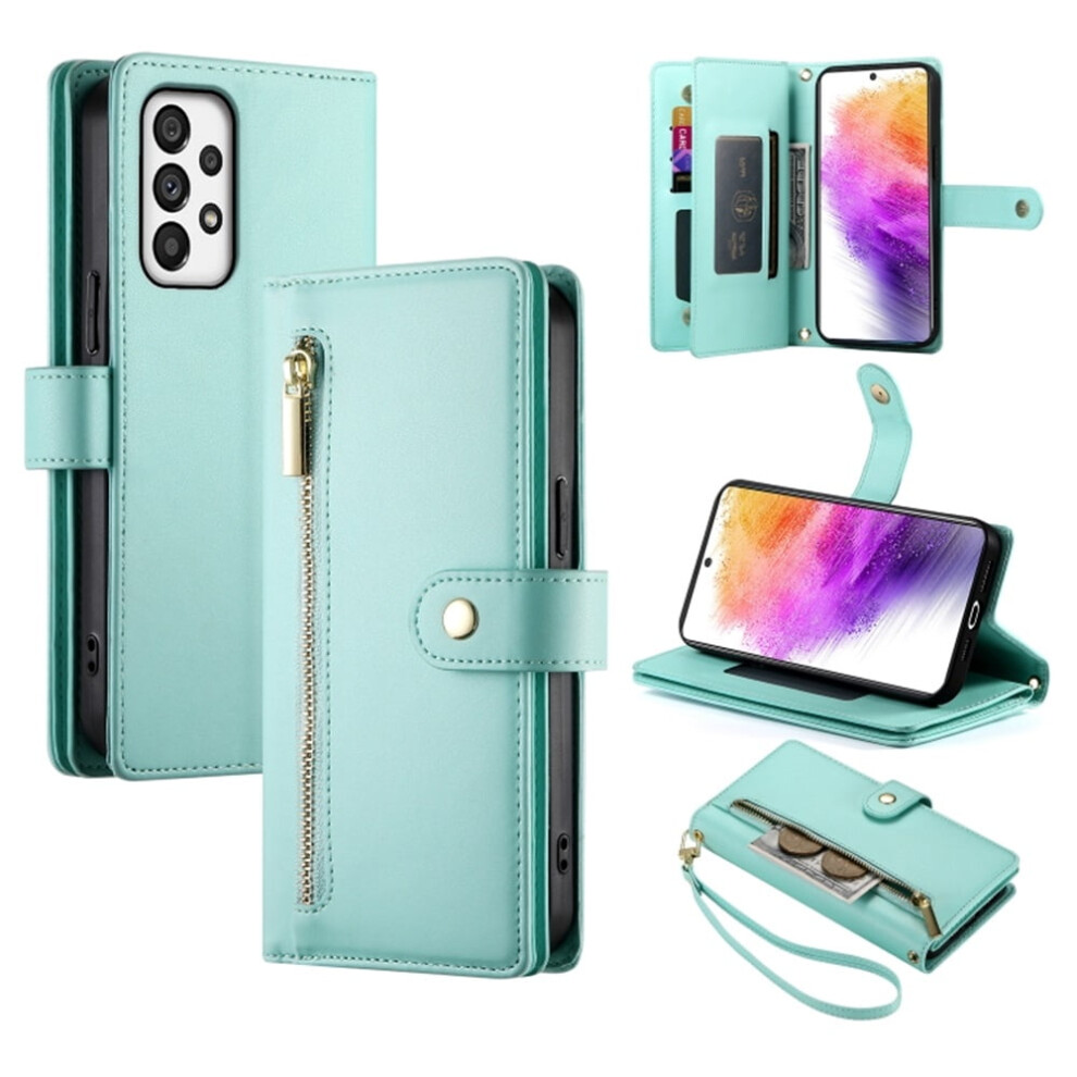 Leather Wallet Case For Samsung Galaxy A73 5G Â Multi-Card Slots, Zipper Pocket, Lanyard Strap, Wristlet Green 9482726164333