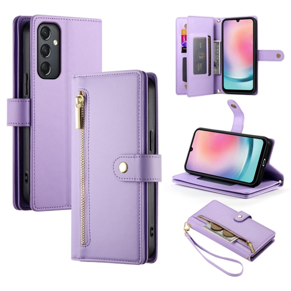 Leather Wallet Case For Samsung Galaxy A24 4G 6.5" Â Multi-Card Slots, Zipper Pocket, Lanyard Strap, Compatible With A24 Purple 9482726164227