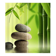 Elegant Look Bamboo Stone Printed Curtain Set, Silky Soft Touch With Digital Printing Technology For Modern Green Romance, 2Panels In150*166cm,