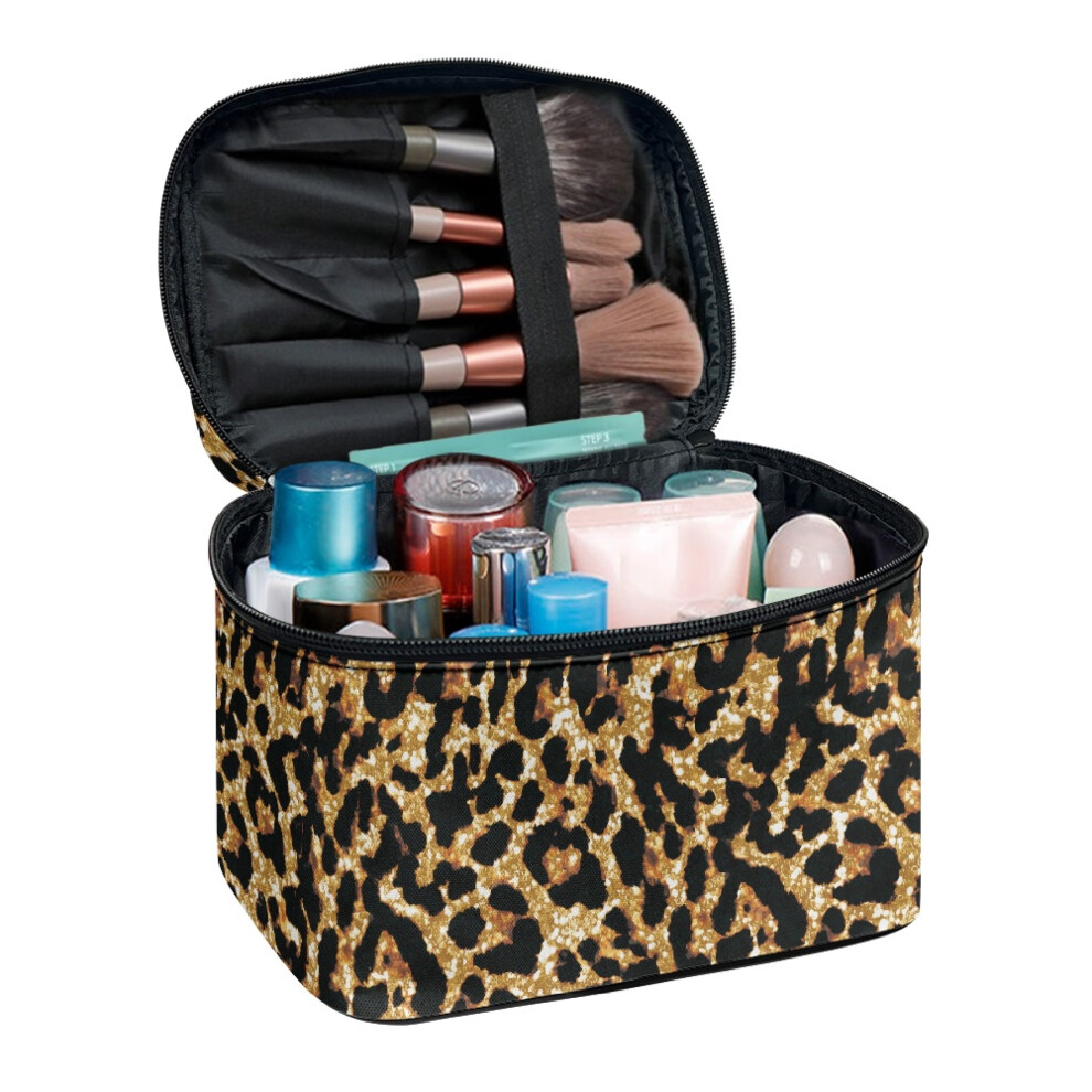 Retro Shimmering Leopard Print (8.86"x6.5"x5.9") Multipurpose Cosmetic Bag Men and Women Brush Slots