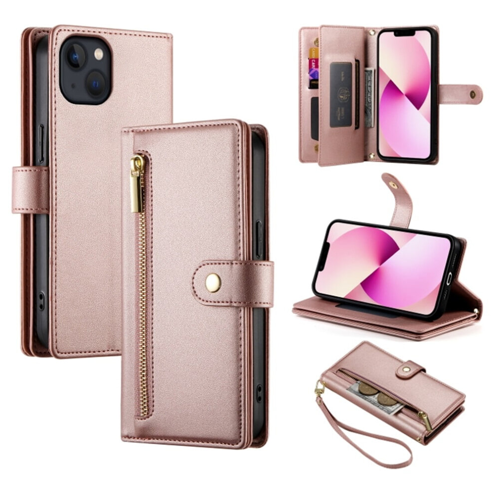 Leather Wallet Case For Iphone 13 (6.1"), Multi-Card Slots, Zipper Pocket, Lanyard Strap, Wristlet Â Compatible With Iphone 13 Pink 9193271121060