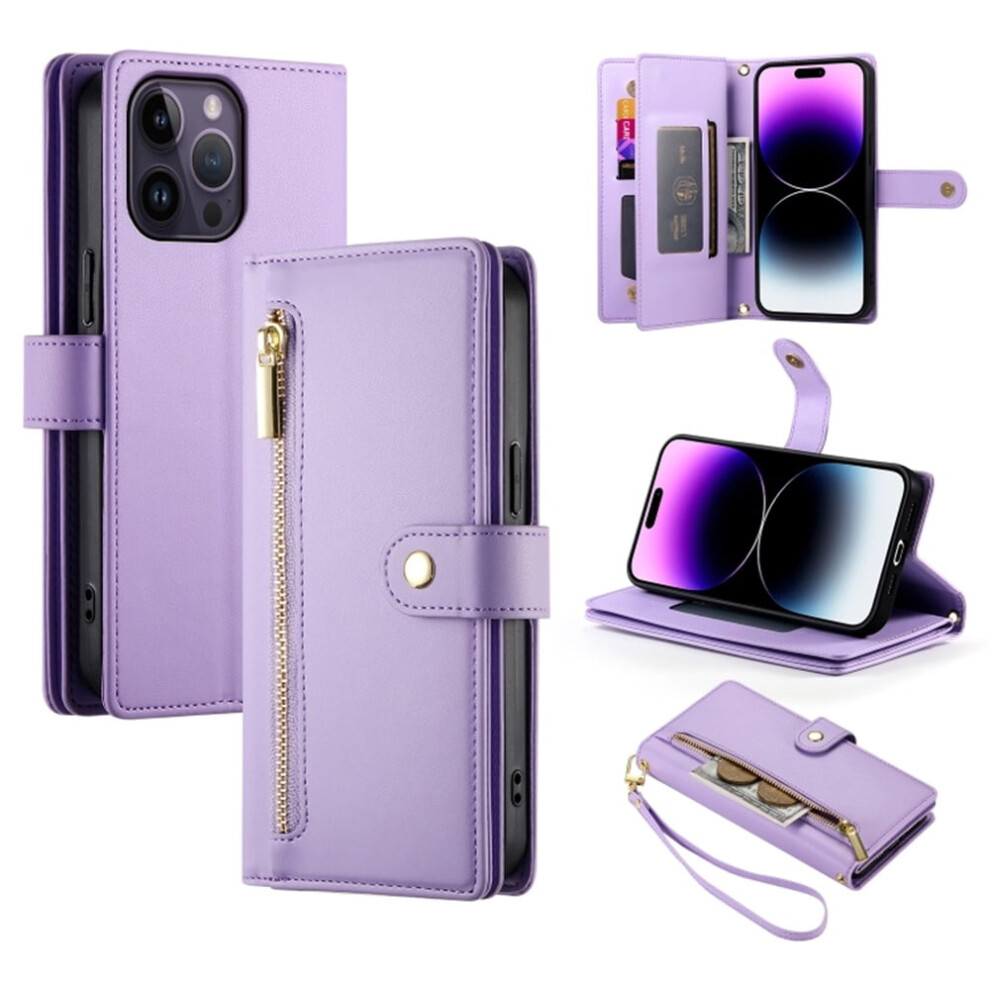 Leather Wallet Case For Iphone 14 Pro Max 6.7" Â Multi-Card Slots, Zipper Pocket, Lanyard Strap, Compatible With Iphone 14 Pro Max Purple 9327961767836