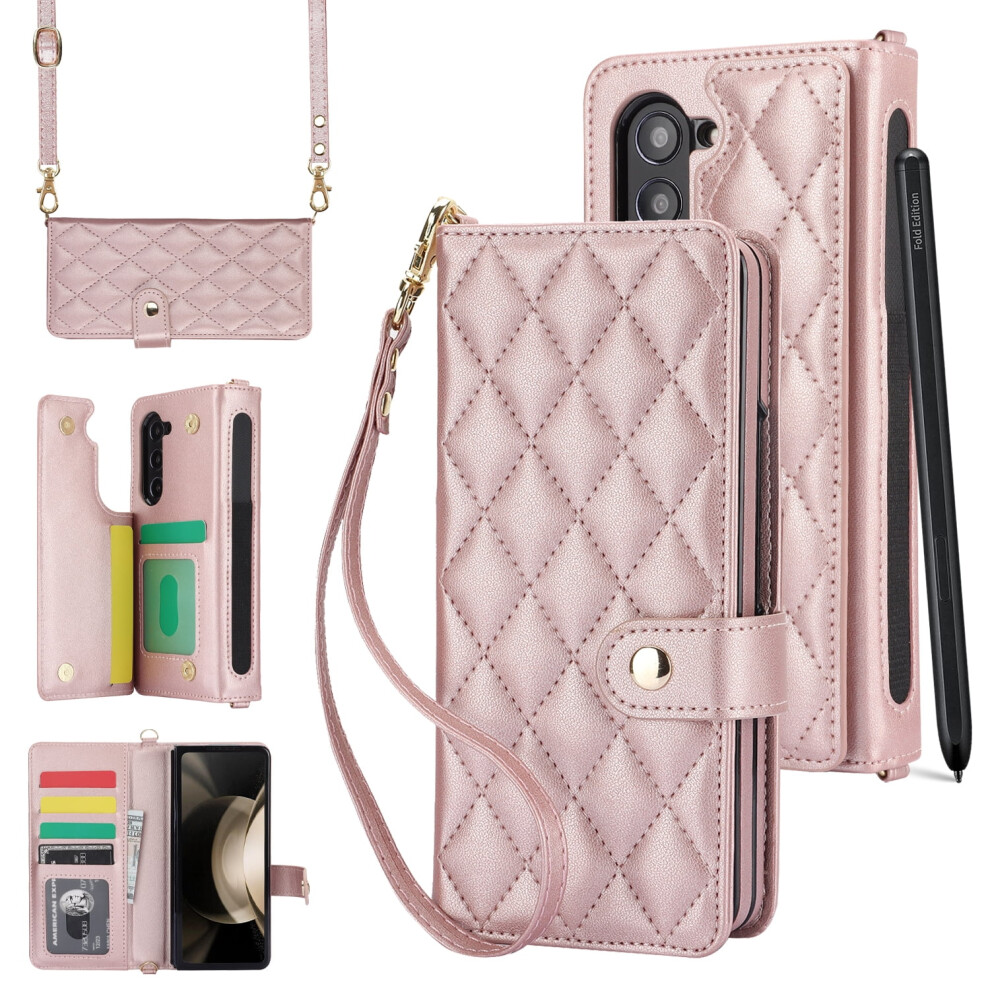 Wallet Case For Compatible With Samsung Galaxy Z Fold 6 Â Pu Leather, Wrist & Crossbody Straps, Card Slots, Stand, Shockproof, Rosegold 9353595678804