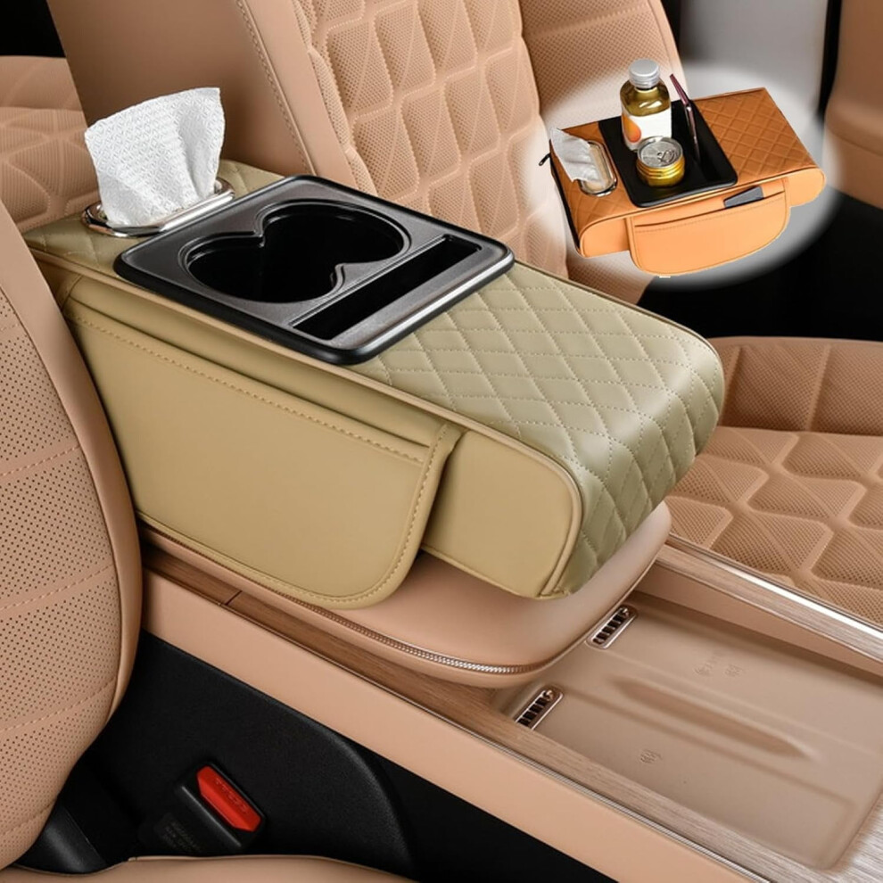 Multifunctional Pu Leather Car Armrest Box Mat | Car Cup & Tissue Holder With 2 Storage Bags, Phone Slot, Tissue Box Slot 9353595680227