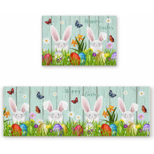 2-Piece Easter Kitchen Rug Set: Rabbit & Butterfly Design, Non-Slip, Anti-Fatigue, Teal Green, Compatible with Wood Plank Floors