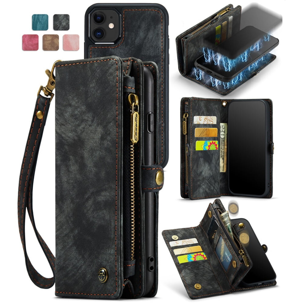 Caseme Leather Wallet Case For Iphone 13 Â Detachable 8-Card Holder, Zipper Bill Slot, Magnetic Shockproof Flip Cover, Black 9327961767041