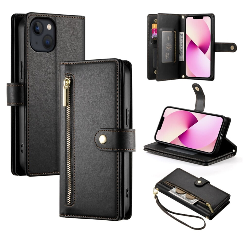Iphone 13 6.1" Wallet Case Â Leather, Multi-Card Slots, Zipper Pocket, Lanyard Strap, Wristlet, Â Compatible With Iphone 13 Black 9327961768840