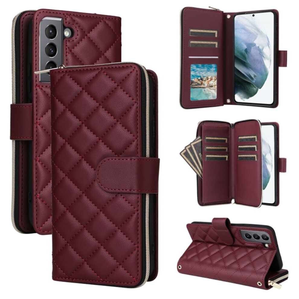 Magnetic Flip Wallet Case For Samsung Galaxy S21 5G Â Wine 9-Card Slots, Zipper Pocket, Detachable Shoulder & Wrist Straps Red 9327961765276