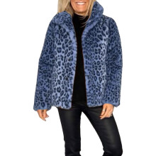 Casaco feminino com estampa de leopardo, jaqueta casual de comprimento médio com lapela, casaco quente para o inverno.