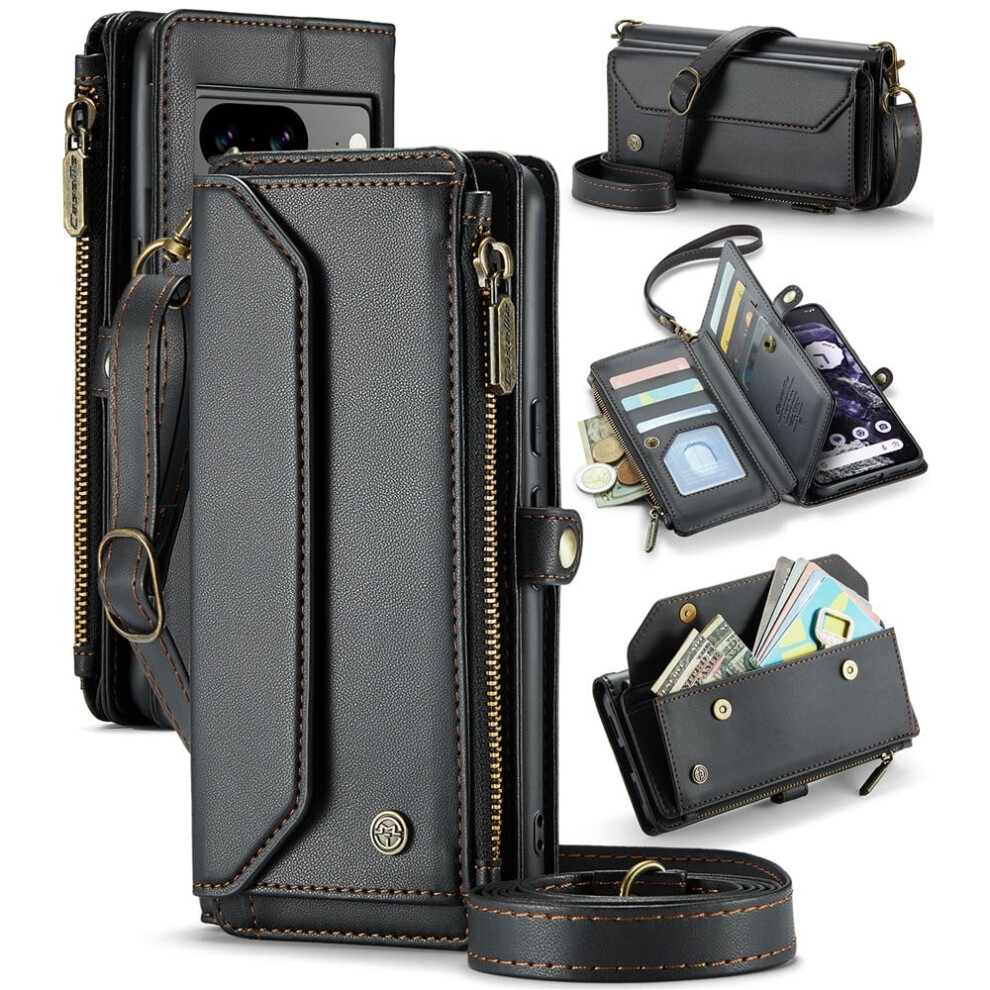Caseme Leather Wallet Case For Google Pixel 8 6.3" Â Rfid Blocking, 10-Card Holder, Zipper Bills Slot, Magnetic Wrist Strap, Black 9193271123330