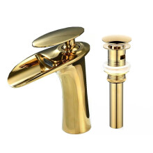 Waterfall Bathroom Faucet with Pop up Drain(with Over Flow) 1 Hole Mount Hot Cold Basin Mixer Tap Single Lever Brass Faucet White Gold Finish