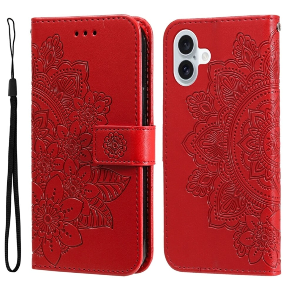 Pu Leather Flip Wallet Case For Iphone 16 6.1" Â Magnetic Closure, Card Slots, Hanging Rope, Seven Petal Flower Embossed Red 9327961764972