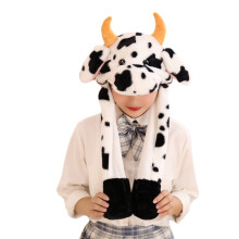 Bonnet/écharpe/chapeau en peluche vache avec oreilles mobiles, chaud et rembourré, cache-oreilles.