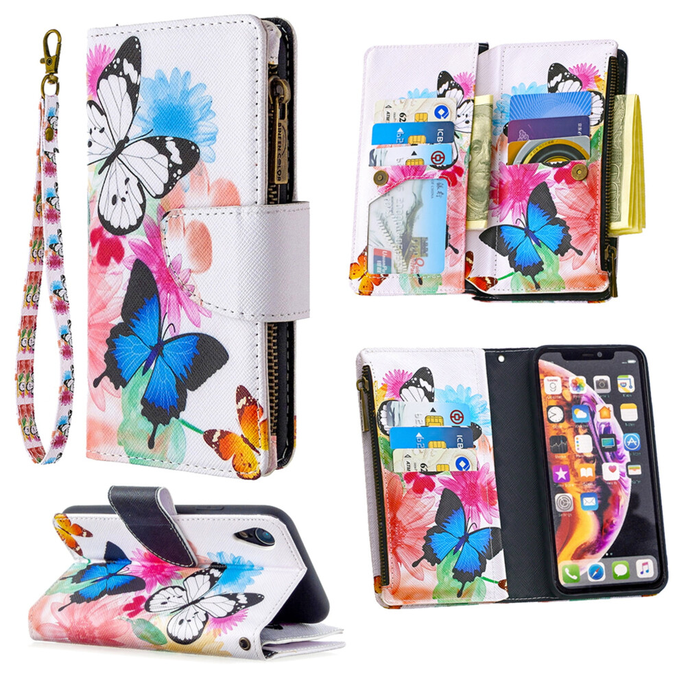 Compatible With Iphone Xr Case Â Pu Leather Folio With Zipper Wallet, 9 Card Slots, Hand Strap, Butterfly Design White 9353595677548