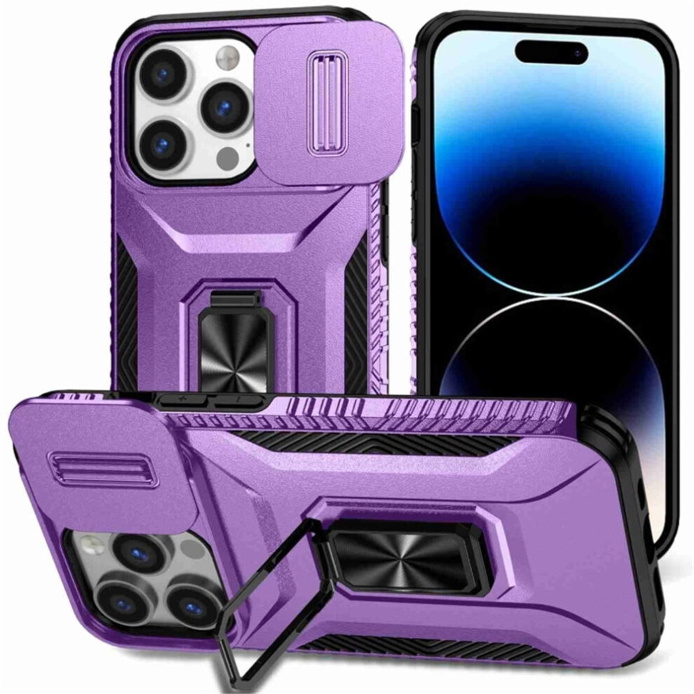 Slim Shockproof Hybrid Case For Iphone 13 Pro 6.1" Â Slide Camera Cover, Rotated Ring Kickstand, Military-Grade, Purple 9353595680319