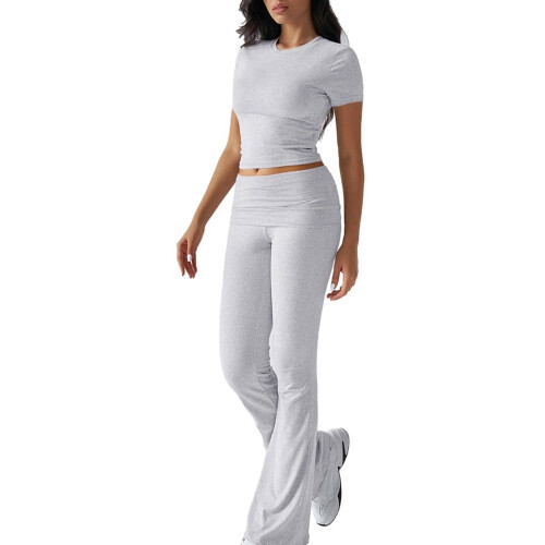 Solid Color Slim Fit Short Sleeve Trousers Suit Gray L