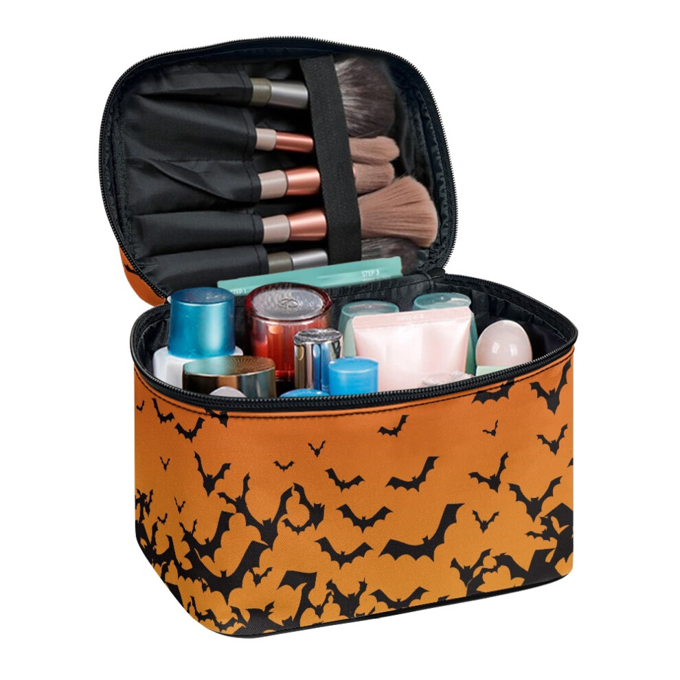 Large Capacity Makeup Organizer Bag Polyester Wide-open Cosmetic Makeup Bag Brush Holders Zipper Storage Bag Portable Hanging Organizer Bat Pattern