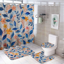 4-Piece Shower Curtain Set with Rugs: Blue Leaf Print U-Shaped Mat, Toilet Lid & Oval Rug – Waterproof, Farmhouse Style