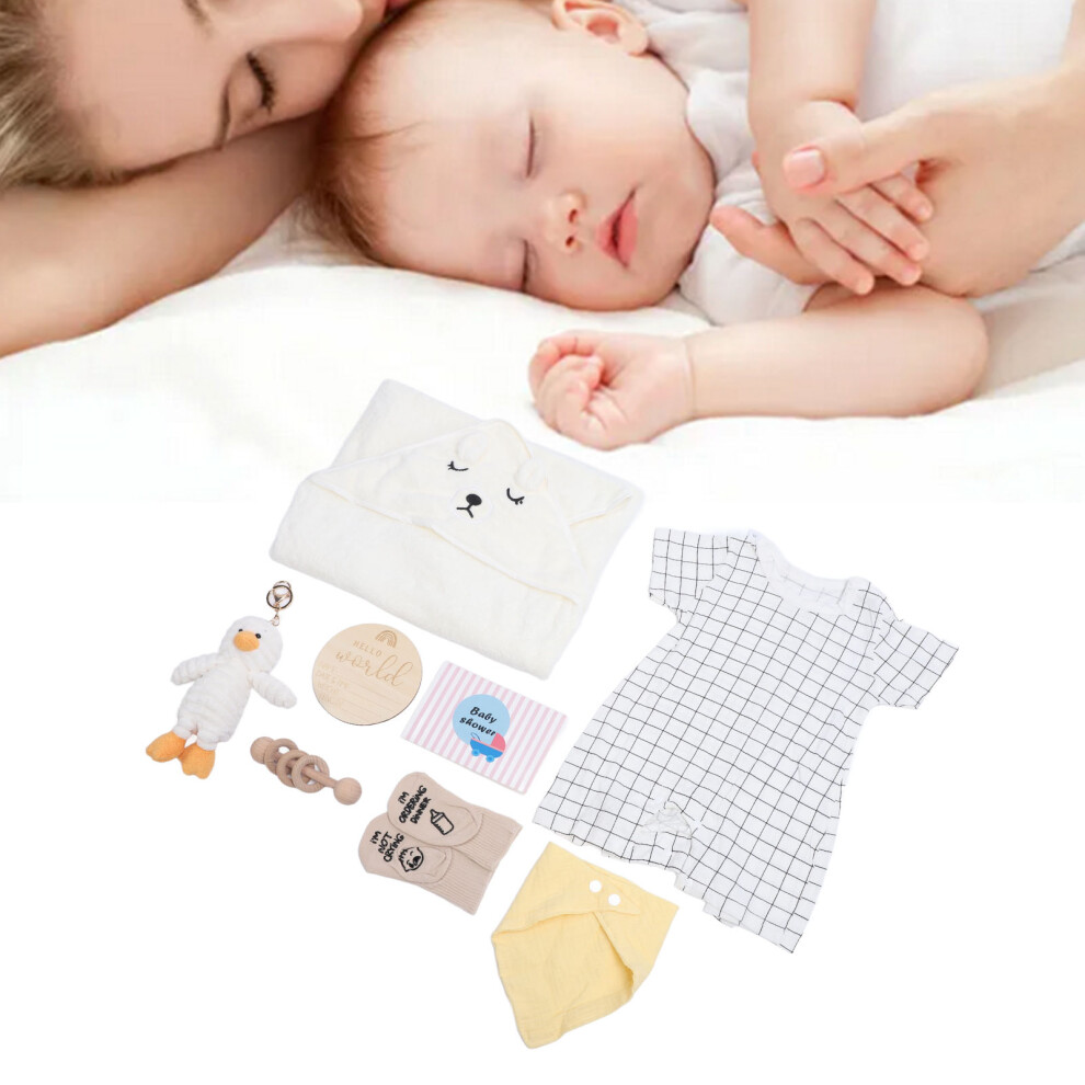 Baby Gifts Basket Clothes, Doll, Wood Rattle White
