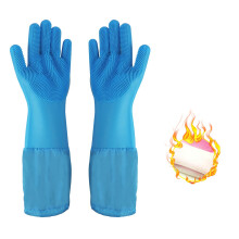 AuroraX Blue Upgraded Long Waterproof Silicone Cleaning Gloves, Fleece Lined Dishwashing Gloves for Kitchen and Pet Bathing