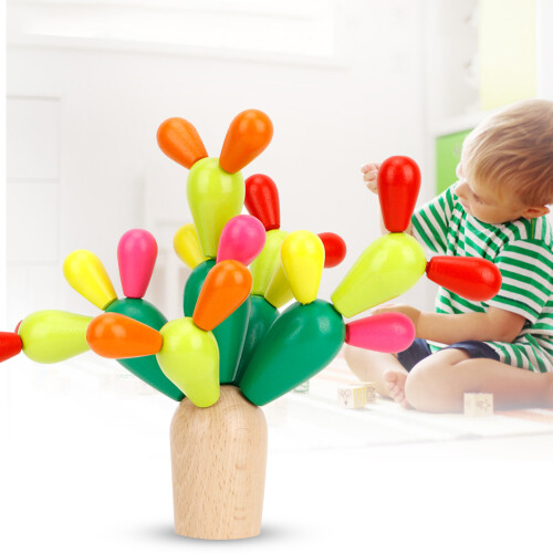 Ξύλινο παιχνίδι στοίβαξης Montessori Toys Rainbow Cactus με στοιχεία παζλ ισορροπίας και 1